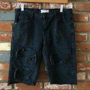 One X One Teaspoon Bandit Distressed Cut Off Long Denim Shorts